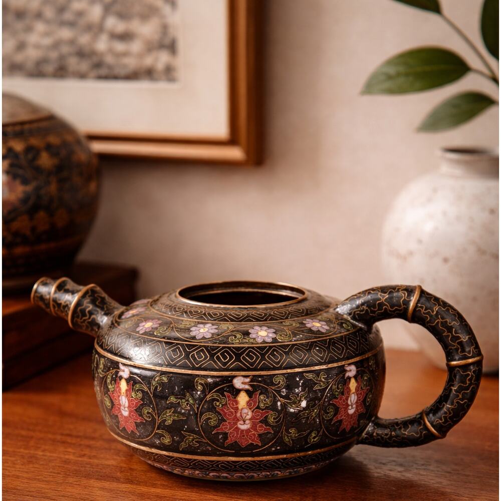 Vintage Brass Cloisonne Teapot | Hand Enamel Floral Asian Tea Pot Decor